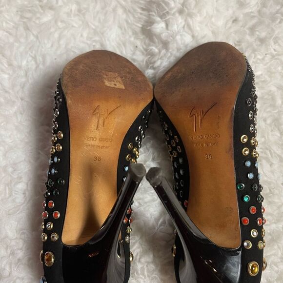 Giuseppe Zanotti Black Suede multi color  studs Peep Toe Platform Pumps EUR SZ37 - Picture 8 of 10